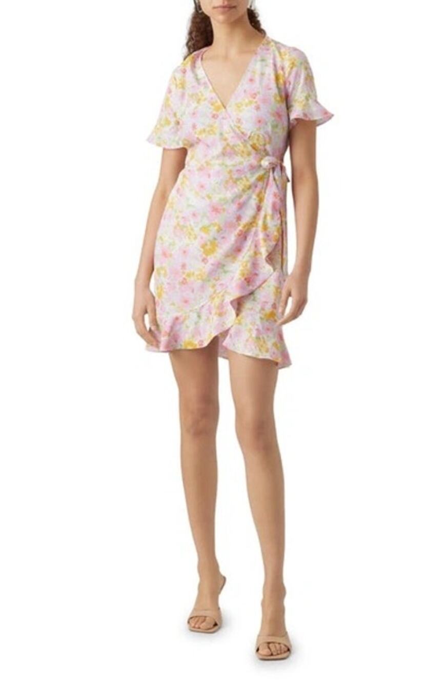 Vero Moda Pink Floral Wrap Mini Dress M NWT Pastel Ruffle Frill Summer Coquette